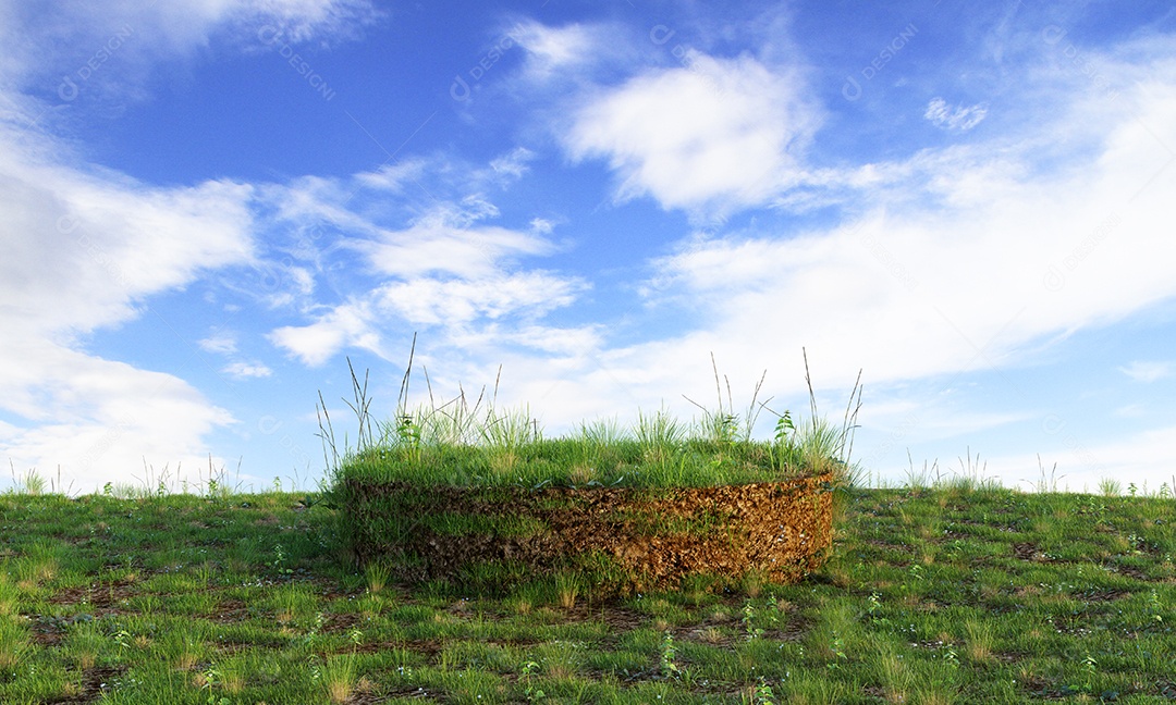 Pódio gramado com fundo de céu azul claro para publicidade de produtos. Conceito de natureza e objeto.