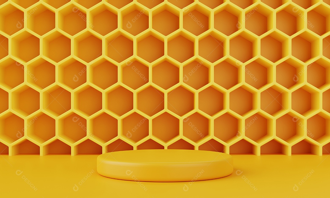Fundo de favo de mel amarelo com estágio de pódio mínimo para propaganda. Objeto e conceito abstrato.