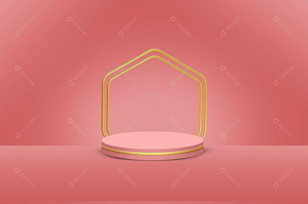 3d renderizado pódio de cor rosa redondo com moldura de ouro e pano de fundo abstrato do espaço da sala