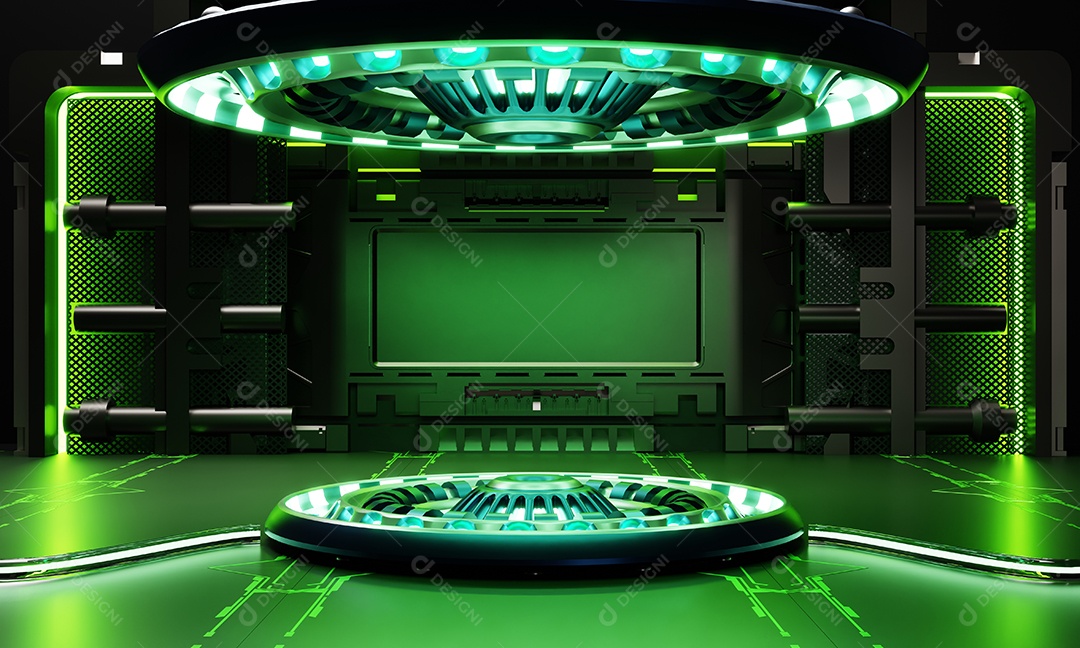 Vitrine de pódio de produtos de ficção científica em nave espacial com fundo de luz verde. Tecnologia espacial e conceito de objeto.