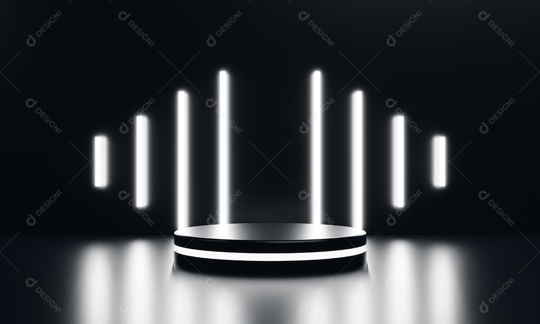 Pódio de ficção científica de vitrine de produtos modernos com fundo de néon claro brilhante branco. Conceito de tecnologia e objeto.