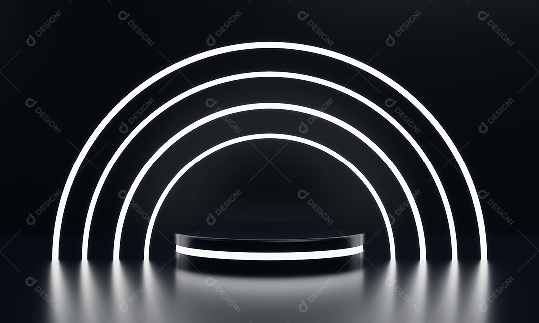 Pódio de ficção científica de vitrine de produtos redondos modernos com fundo de moldura de anel de néon de luz branca brilhante.