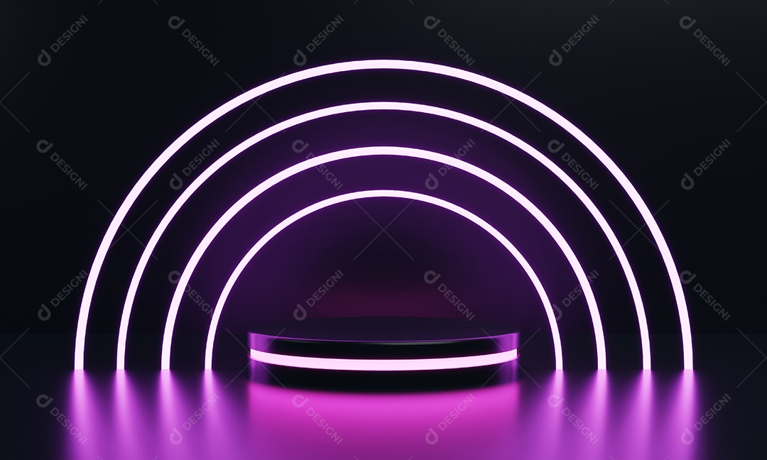 Pódio de ficção científica de vitrine de produtos redondos modernos com fundo de moldura de anel de néon de luz rosa brilhante. Conceito de tecnologia e objeto. Renderização de ilustração 3D.