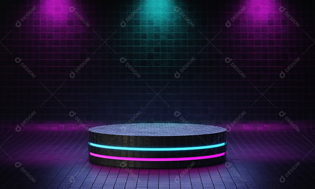 Estúdio de plataforma de pódio de produtos Cyberpunk com holofotes azuis e violetas e plano de fundo texturizado estilo grunge. Palco retrô e conceito de cena futurista. Gráfico de renderização de ilustração 3D.
