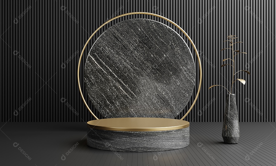 Ouro de luxo e pódio de mármore preto cinza branco para fundo de modelo de publicidade de cosméticos. Conceito de maquete de objeto e negócios. Renderização de ilustração 3D.