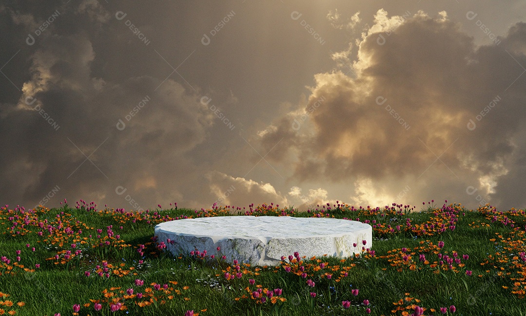 Pódio de pedra natural no campo de grama Prado e fundo de céu nublado. Conceito de natureza e clima. Renderização de ilustração 3D.