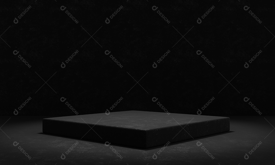 Cimento preto e pódio de palco de concreto com holofotes e fundo de parede grunge escuro. Resumo e objeto para o conceito de publicidade. Renderização de ilustração 3D.