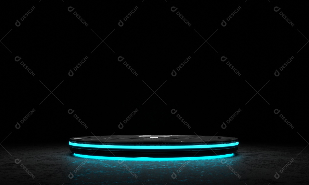 Estúdio de plataforma de pódio de produtos de alta tecnologia em nave espacial escura com iluminação brilhante fundo de luz azul neon. Palco retrô de alta tecnologia e tema futuro de ciência e tecnologia.