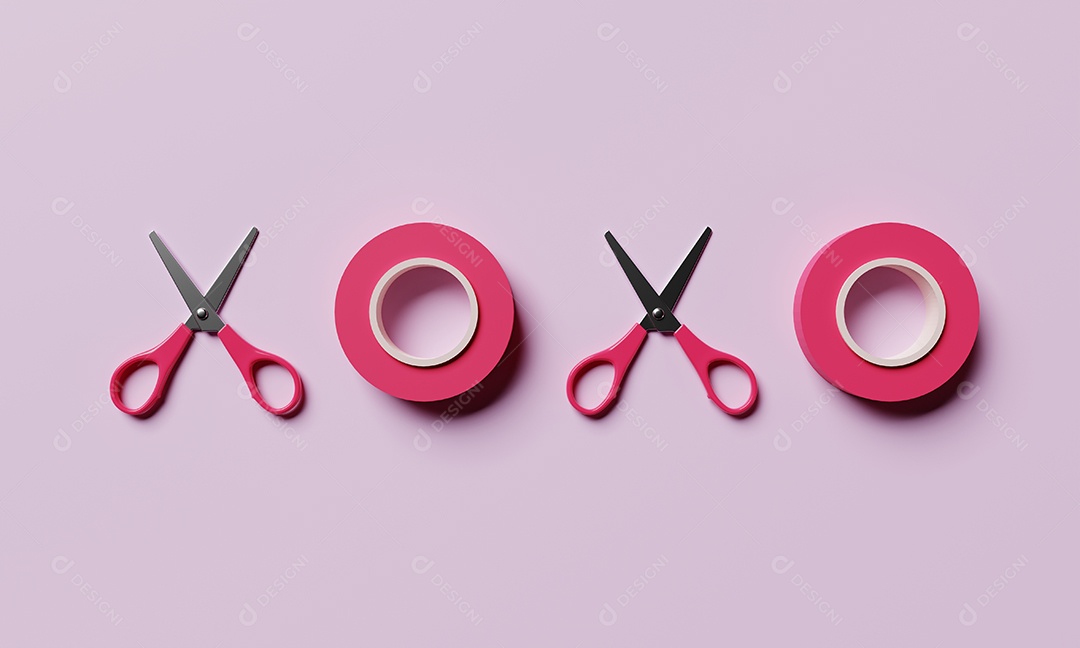 O símbolo XOXO é uma abreviação de abraços e beijos por tesoura e fita adesiva em fundo rosa. Amor carinho e conceito de dia dos namorados. renderização de ilustração 3D.