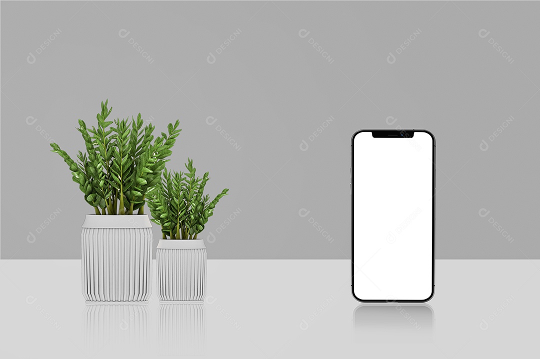 maquete de celular em branco com vaso de plantas bonitas