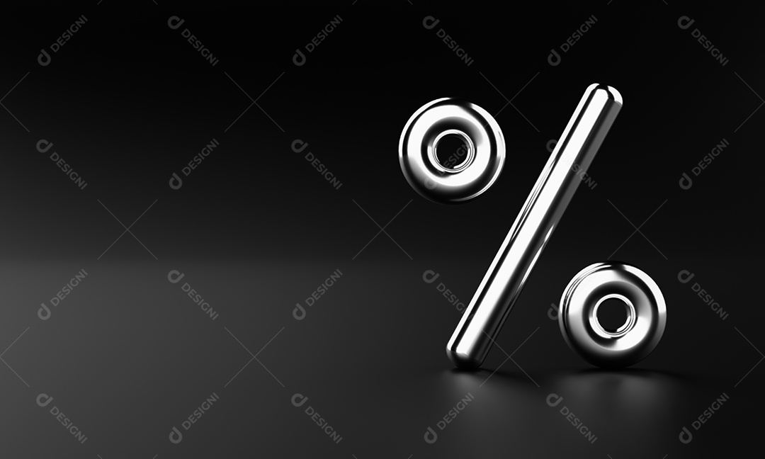 Sinal de porcentagem de prata sobre fundo preto com espaço de cópia. Conceito econômico financeiro de matemática e negócios. Tema de venda da meia-noite de Black Friday. Renderização de ilustração 3D.