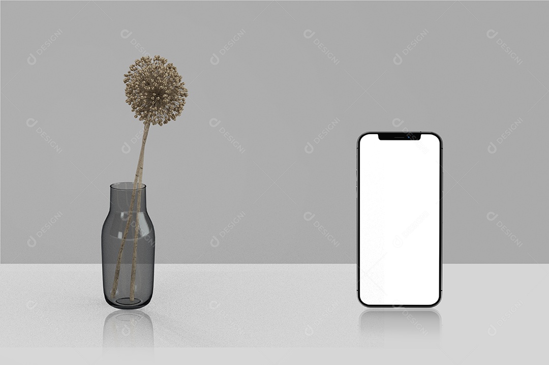 maquete de celular em branco com vaso de plantas bonitas