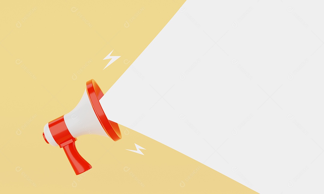Megafone vermelho e branco anunciando balão de mensagem de espaço em branco vazio branco sobre fundo amarelo. Conceito de negócios e marketing. Renderização de ilustração 3D.