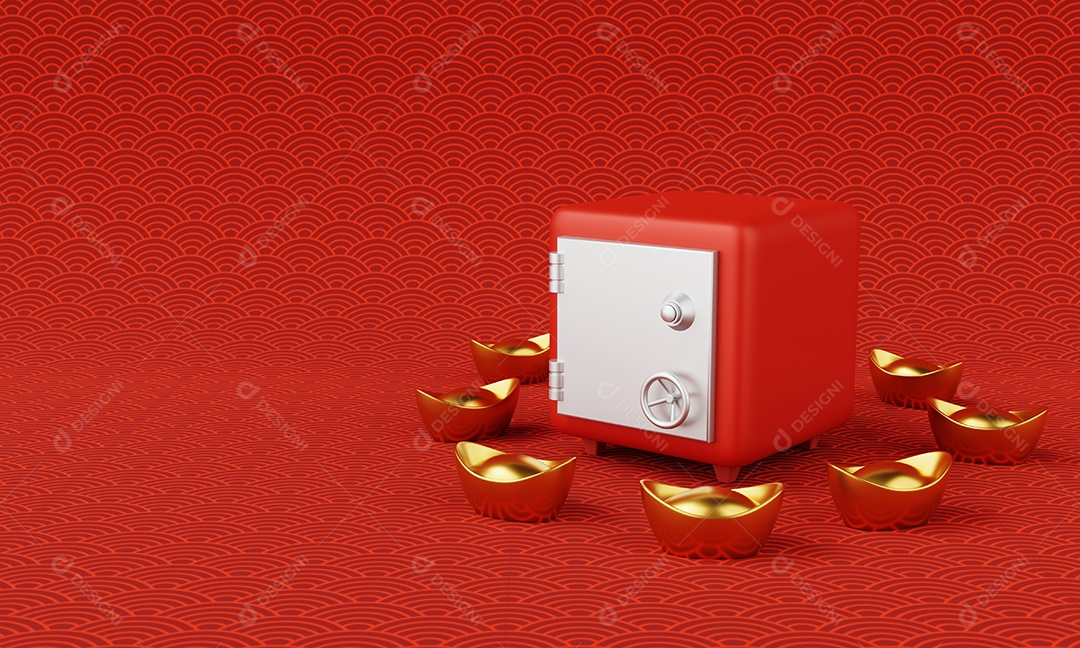 Cofre com lingote de ouro chinês e fundo padrão de cultura chinesa. Ano novo chinês e conceito de segurança de economia de dinheiro. Renderização de ilustração 3D.
