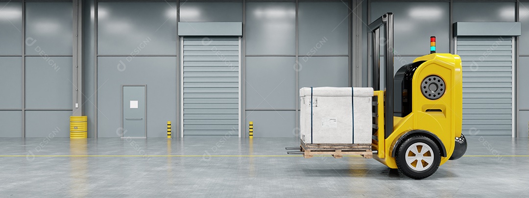 Robot de empilhadeira de carro de robótica sem motorista levantando e movendo paletes caixa de papelão para sala de armazenamento no fundo da fábrica. Conceito industrial e de produção de negócios. Uma renderização de ilustração 3D.