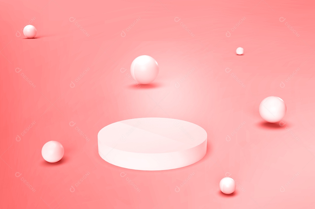 Pódio renderizado em 3D para exibição de produtos com bolas circulares em segundo plano