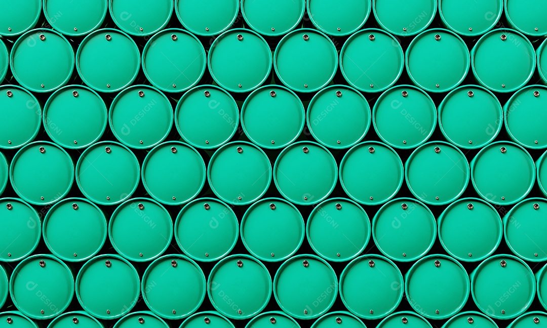 Pilha de fundo de tanques químicos de barril de petróleo. Conceito de reserva de energia industrial e combustível. Renderização de ilustração 3D.