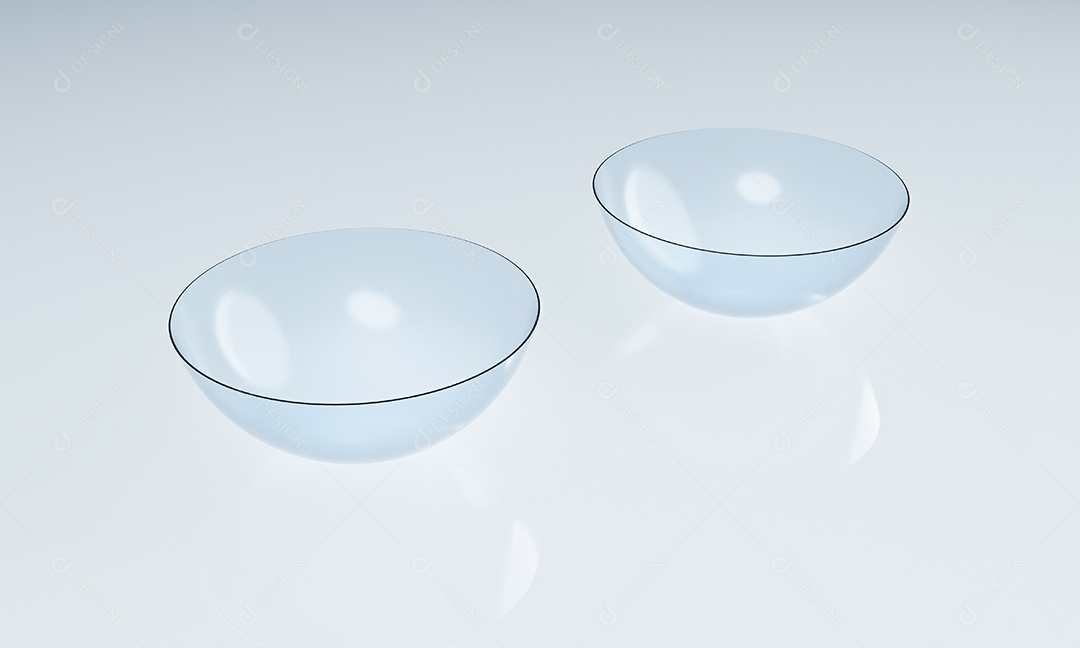 Par de lentes de contato no chão de reflexão limpa no laboratório. Conceito médico e de saúde de óptica. Renderização de ilustração 3D.