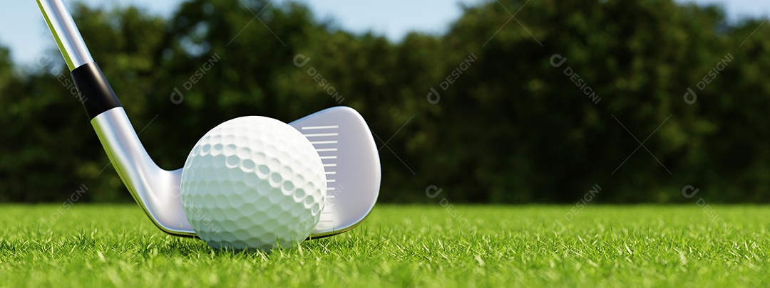 Bola de golfe e clube de golfe com fundo verde do fairway. Esporte e conceito atlético. Banner para publicidade com espaço de cópia. Renderização de ilustração 3D.