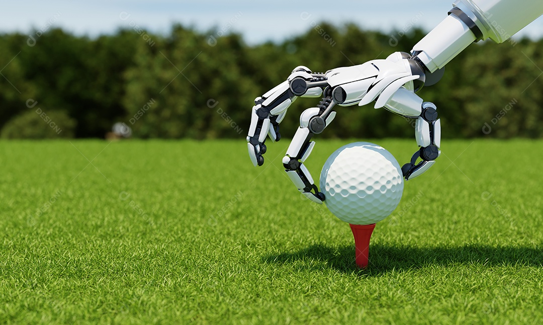 Braço de robô colocando bola de golfe no tee como caddie ou jogador com fundo verde de fairway. Esporte atlético e conceito de tecnologia. renderização de ilustração 3D