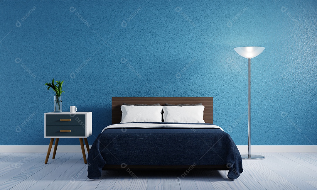 Quarto azul com abajur. Conceito de interiores e arquitetura. Renderização de ilustração 3D.
