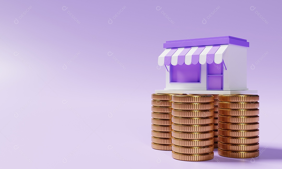 Loja de supermercado no empilhamento de moedas de ouro sobre fundo roxo. Conceito financeiro e econômico. Renderização de ilustração 3D.