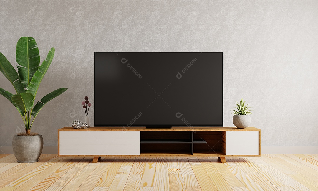 Televisão no armário no meio do fundo da sala de estar moderna. Conceito de interiores e arquitetura.