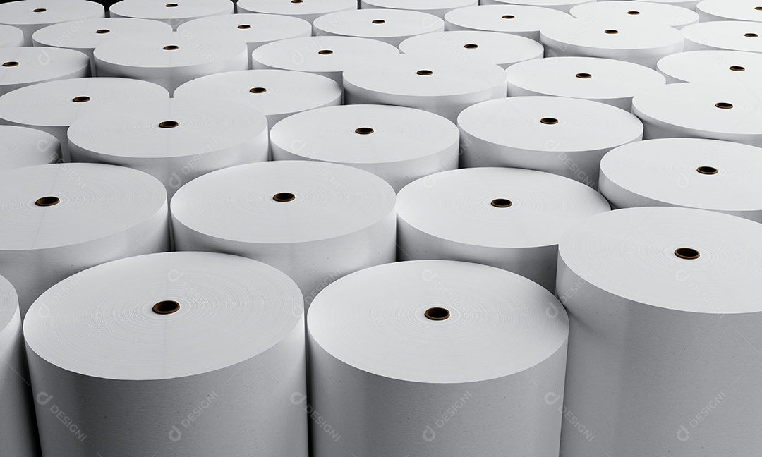 Grupo de rolos de papel branco na fábrica industrial para fundo de armazenamento. Conceito de produção e fabricação.