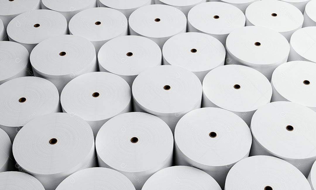 Grupo de rolos de papel branco na fábrica industrial para fundo de armazenamento. Conceito de produção e fabricação.