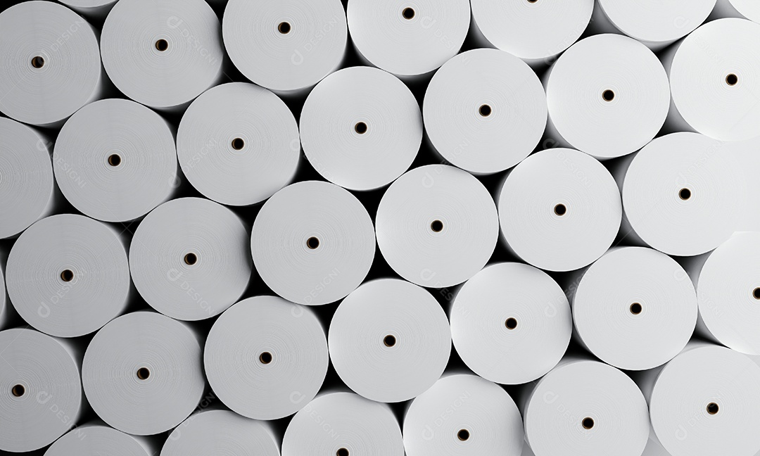 Grupo de rolos de papel branco na fábrica industrial para fundo de armazenamento. Conceito de produção e fabricação.