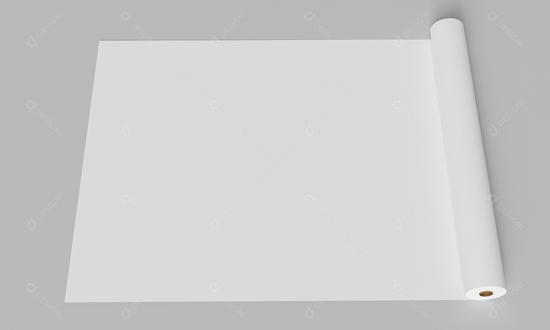 Rolo de papel desdobrado branco com espaço de cópia em branco vazio no fundo cinza. Conceito de objeto e indústria.