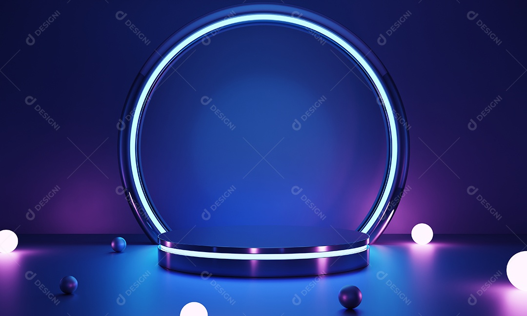 Lâmpada incandescente rosa de dois tons Cyberpunk e pódio vazio azul para apresentação do produto. Conceito de tecnologia e ficção científica.