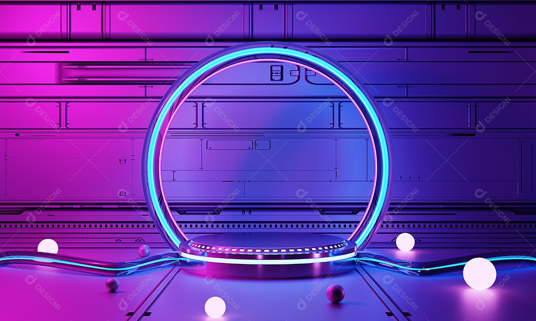 Dentro da arquitetura de interiores do laboratório da nave espacial e pódio vazio para apresentação do produto cyberpunk. Conceito de tecnologia e ficção científica.