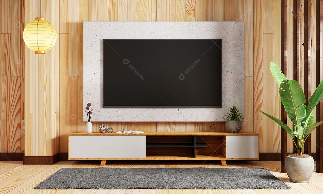 Sala de estar moderna de estilo japonês com tv de televisão maquete pendurada no fundo da parede. Conceito de interiores e arquitetura.