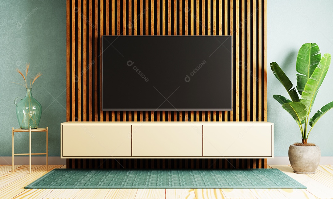 Sala de estar moderna de estilo japonês com tv de televisão maquete pendurada no fundo da parede. Conceito de interiores e arquitetura.