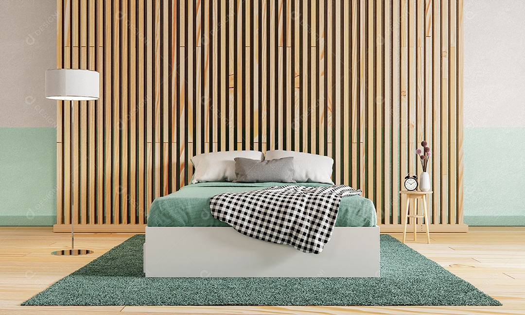 Quarto verde com piso de madeira e parede divisória e fundo de concreto bruto de cor verde branco. Conceito de interiores e arquitetura.