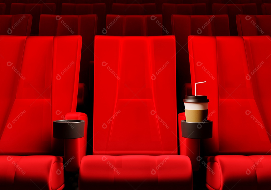 Filas de assentos de veludo vermelho assistindo filmes no cinema com fundo de banner de espaço de cópia. Conceito de entretenimento e teatro.