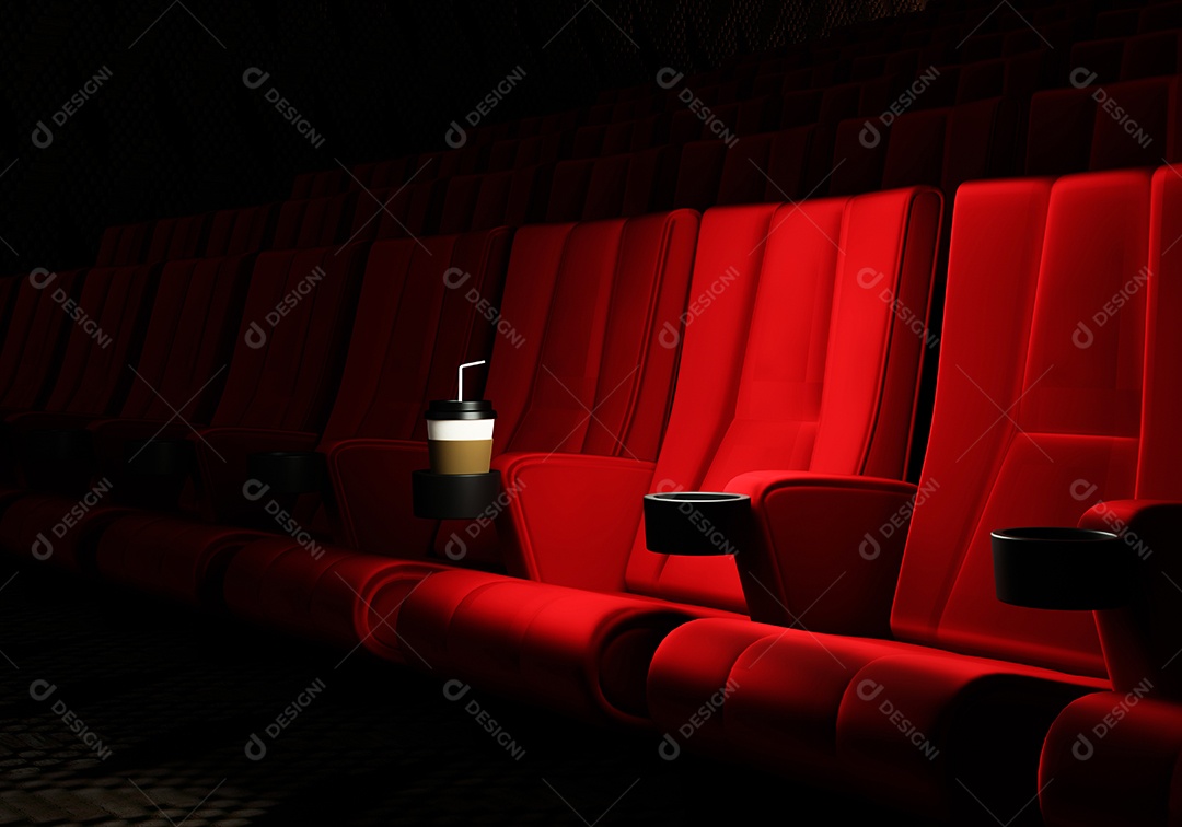 Filas de assentos de veludo vermelho assistindo filmes no cinema com fundo de banner de espaço de cópia. Conceito de entretenimento e teatro.