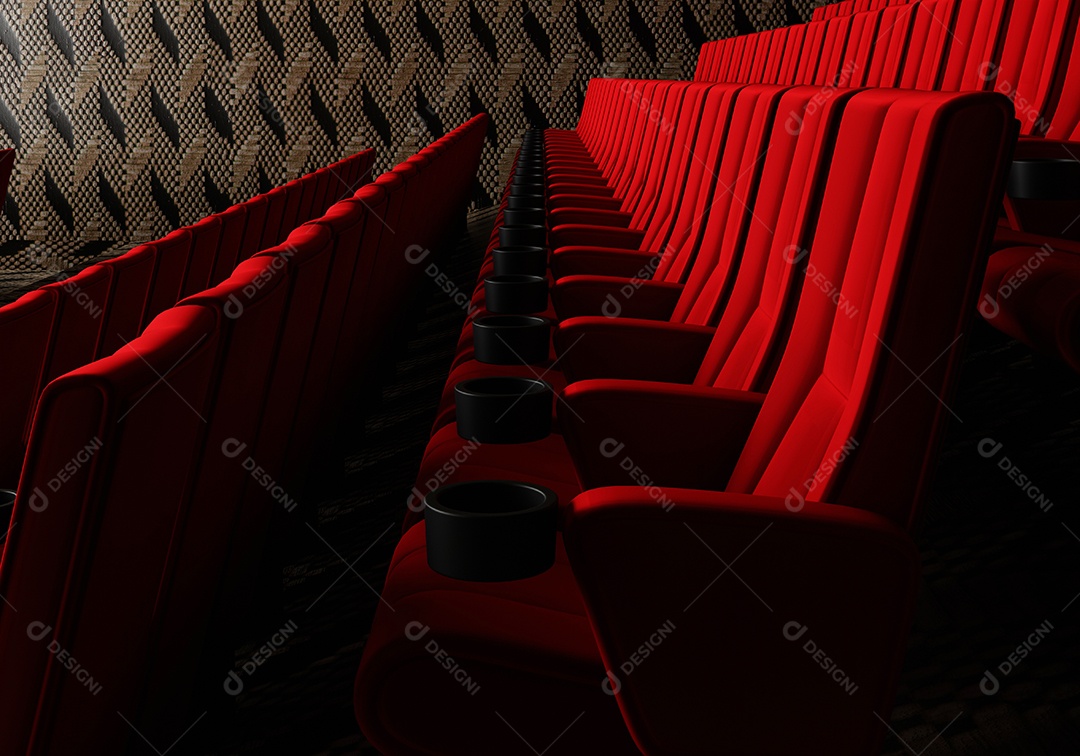 Filas de assentos de veludo vermelho assistindo filmes no cinema com fundo de banner de espaço de cópia. Conceito de entretenimento e teatro.