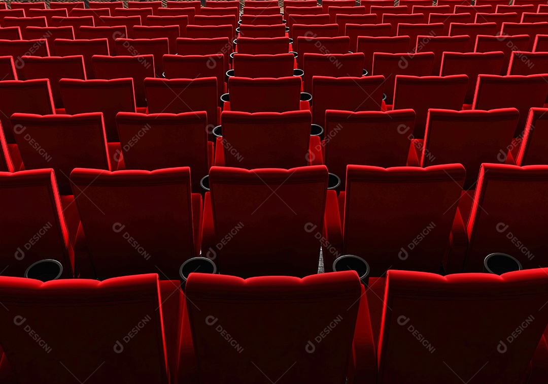 Filas de assentos de veludo vermelho assistindo filmes no cinema com fundo de banner de espaço de cópia. Conceito de entretenimento e teatro.