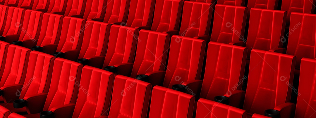 Filas de assentos de veludo vermelho assistindo filmes no cinema com fundo de banner de espaço de cópia. Conceito de entretenimento e teatro.