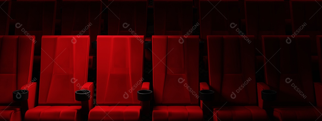 Fileiras de assentos de veludo vermelho assistindo a filmes no cinema com holofotes apenas um par de assentos de luxo.