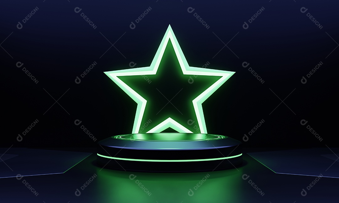 Os produtos modernos exibem o pódio de ficção científica com fundo em forma de estrela de néon de luz verde brilhante. Conceito de tecnologia e objeto.