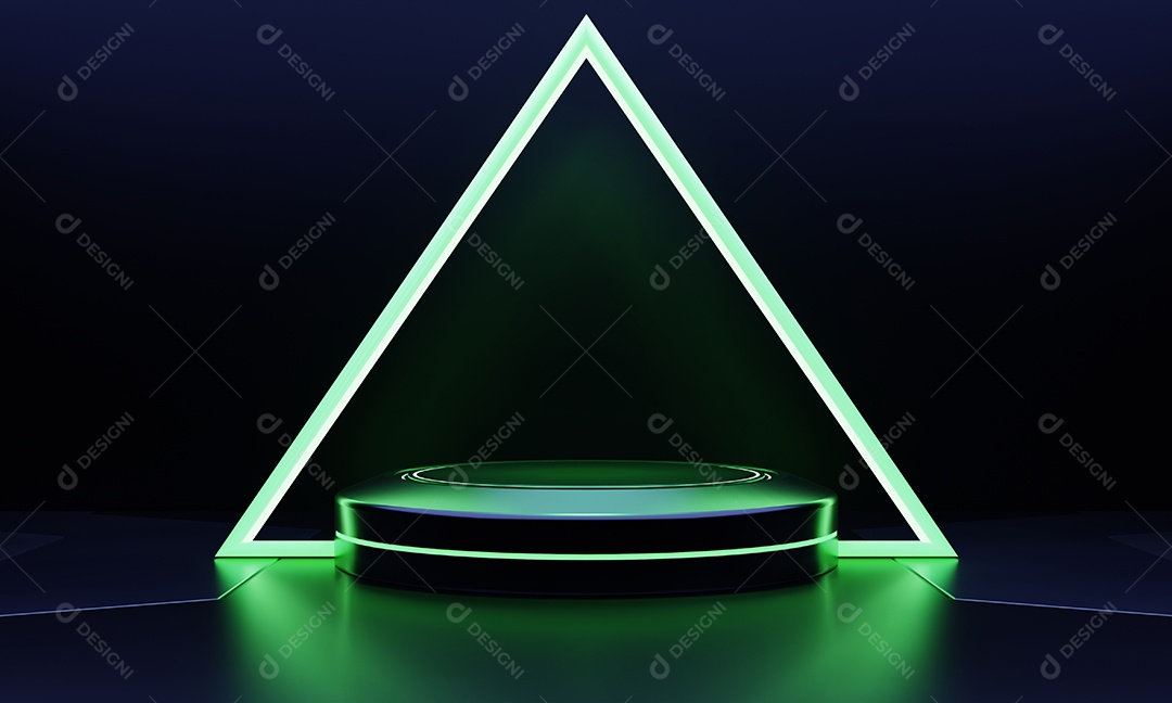 Pódio de ficção científica de vitrine de produtos modernos com fundo de neon claro verde brilhante. Conceito de tecnologia e objeto.