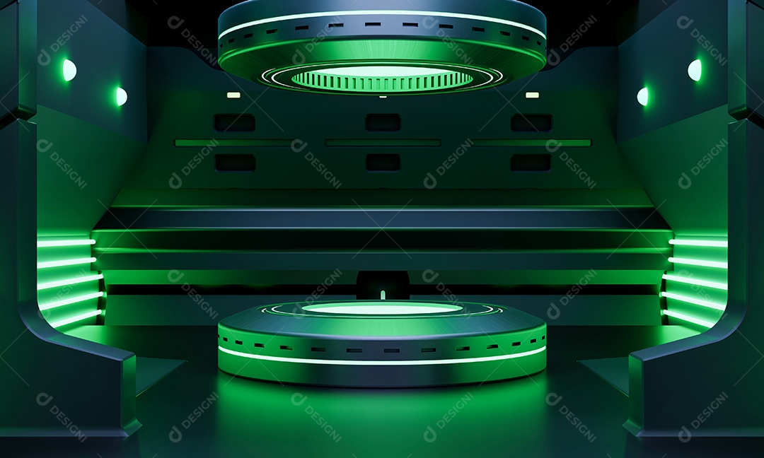 Vitrine de pódio de produtos de ficção científica cyberpunk em nave espacial com fundo de iluminação neon verde. Conceito de tecnologia e objeto.