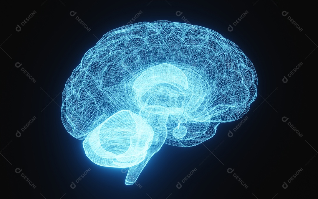 Imagem de raio-x brilhante do cérebro humano em wireframe azul sobre fundo preto isolado. Ciência e conceito médico. Lado do cérebro.