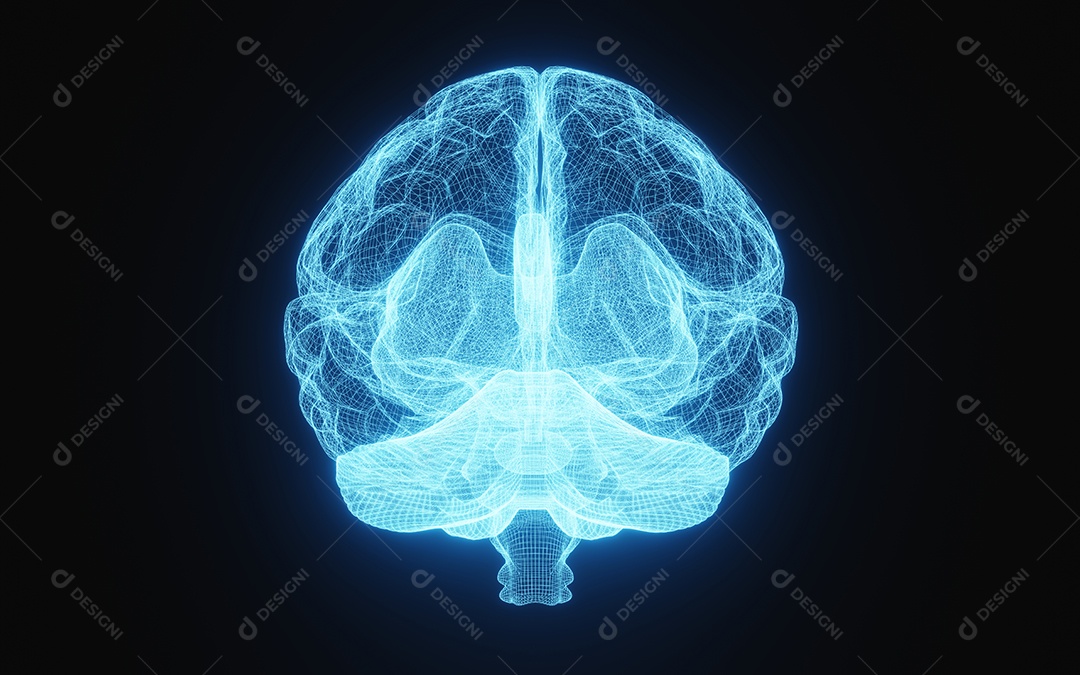 Imagem de raio-x brilhante do cérebro humano em wireframe azul sobre fundo preto isolado. Ciência e conceito médico. Na frente do cérebro.