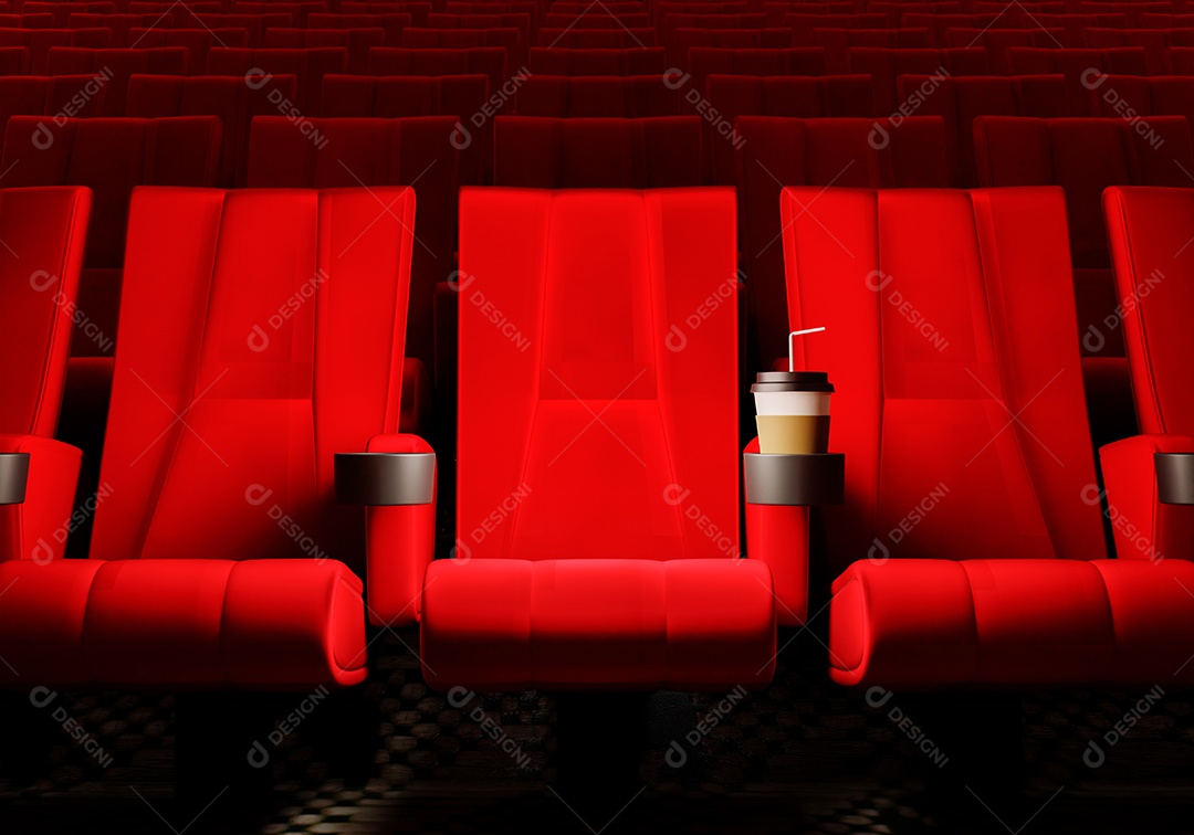 Filas de assentos de veludo vermelho assistindo filmes no cinema com fundo de banner de espaço de cópia. Conceito de entretenimento e teatro.