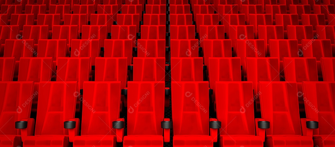 Filas de assentos de veludo vermelho assistindo filmes no cinema com fundo de banner de espaço de cópia. Conceito de entretenimento e teatro.