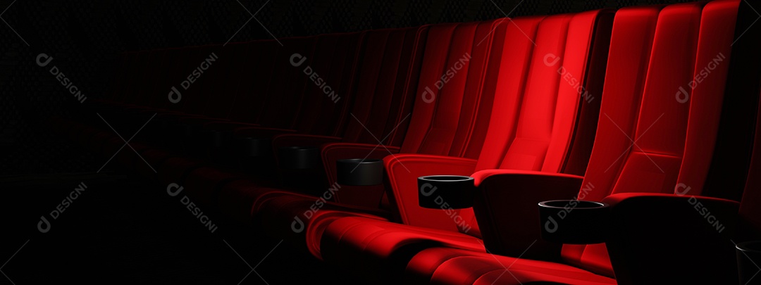 Filas de assentos de veludo vermelho assistindo filmes no cinema com fundo de banner de espaço de cópia. Conceito de entretenimento e teatro.